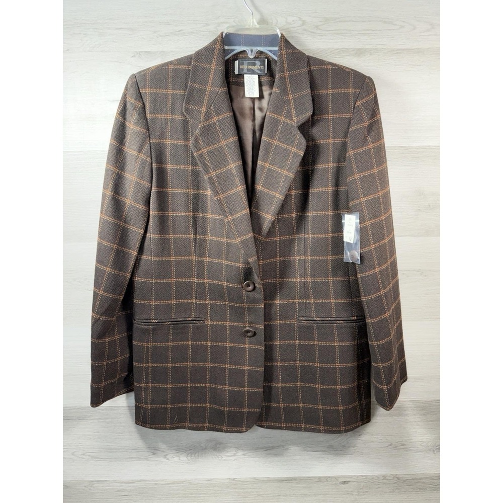 Vintage Requirements Women's Size 12 Brown Orange Plaid Wool Blend Blazer NWT
